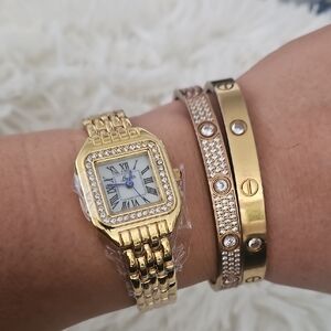 ✨ Luxury Gold-Tone Square Watch – Diamond-Accent Bezel – Heavy Weight ✨